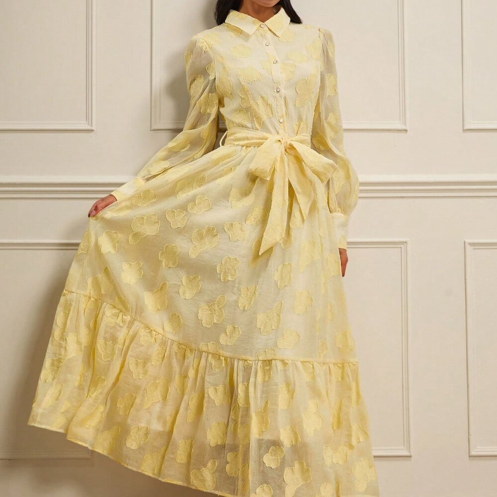 Pale Yellow Casual Womens Jacquard Chiffon Shirt Dress with Collar and Bow Waist - Picture 4 of 7